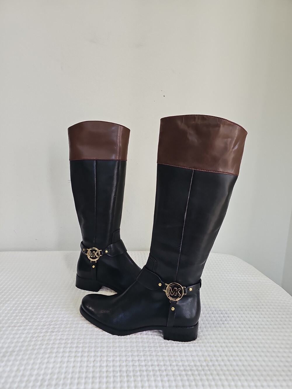 Michael Kors Fulton Harness Boots Tall Black Mocha Riding Logo Leather 8M